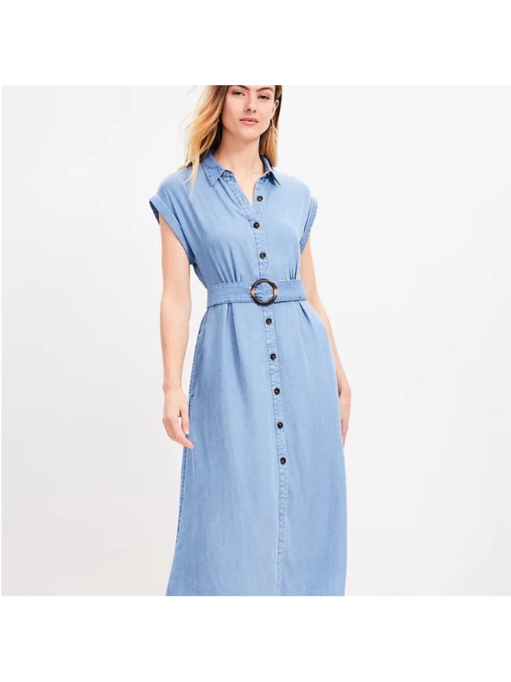 LOFT Light Blue Button-Front Midi Shirt Dress with Belt